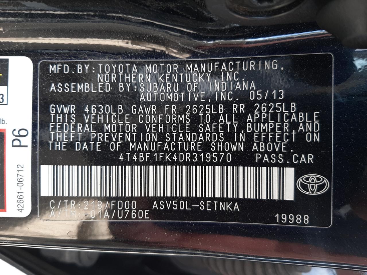 Photo 10 from auction – 2013 TOYOTA CAMRY L with VIN 4T4BF1FK4DR319570