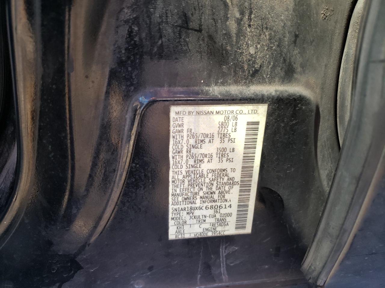 Photo 10 from auction – 2006 NISSAN PATHFINDER with VIN 5N1AR18UX6C680614