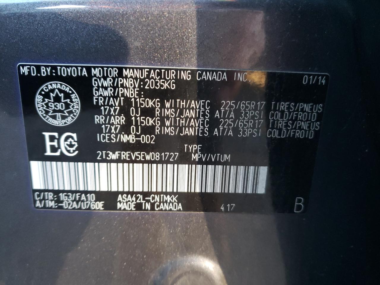 Photo 10 from auction – 2014 TOYOTA RAV4 XLE with VIN 2T3WFREV5EW081727