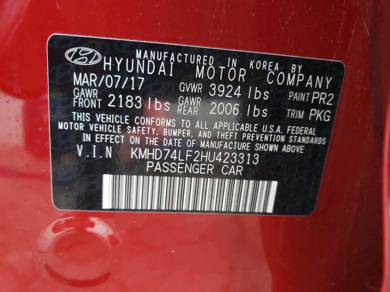 Photo 10 from auction – 2017 HYUNDAI ELANTRA with VIN KMHD74LF2HU423313