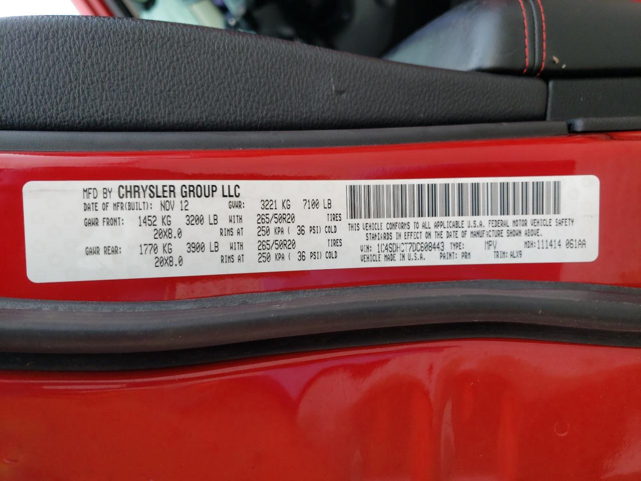 Photo 10 from auction – 2013 DODGE DURANGO R/ with VIN 1C4SDHCT7DC608443