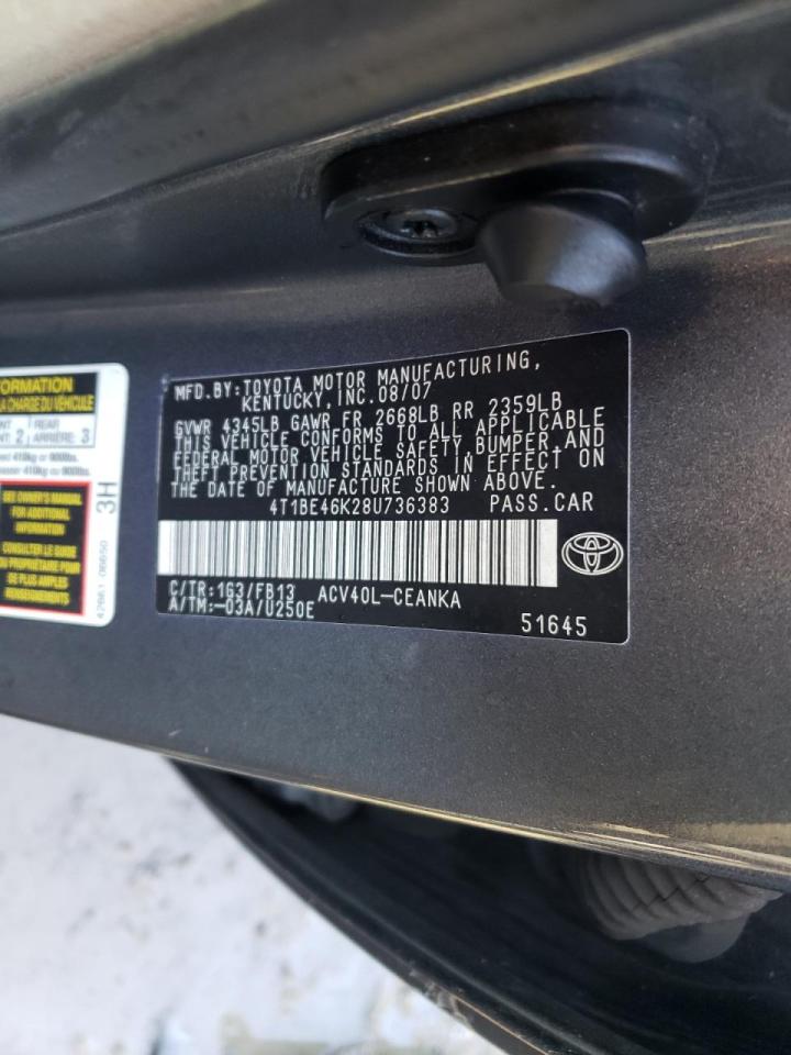 Photo 10 from auction – 2008 TOYOTA CAMRY CE with VIN 4T1BE46K28U736383