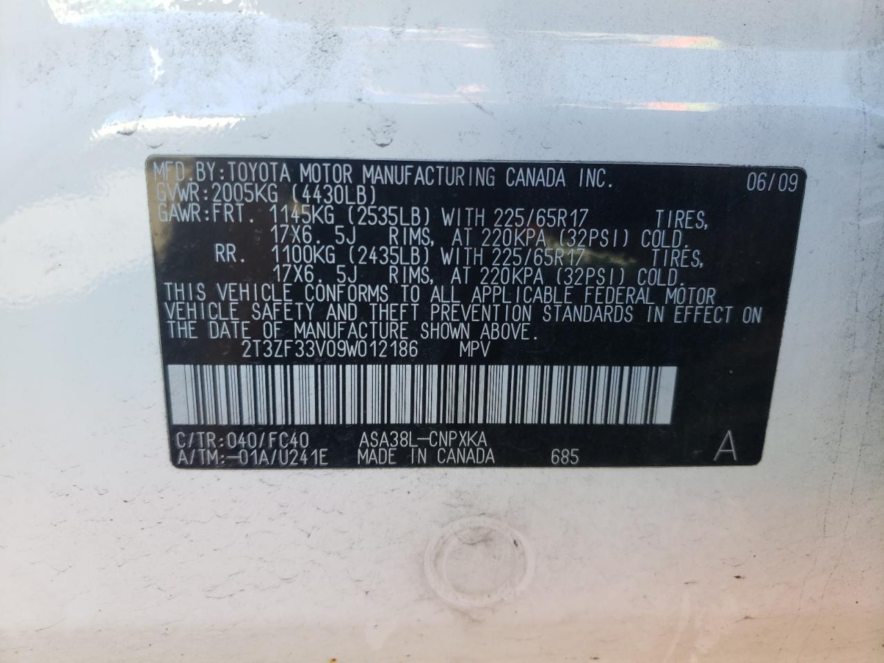 Photo 10 from auction – 2009 TOYOTA RAV4 with VIN 2T3ZF33V09W012186