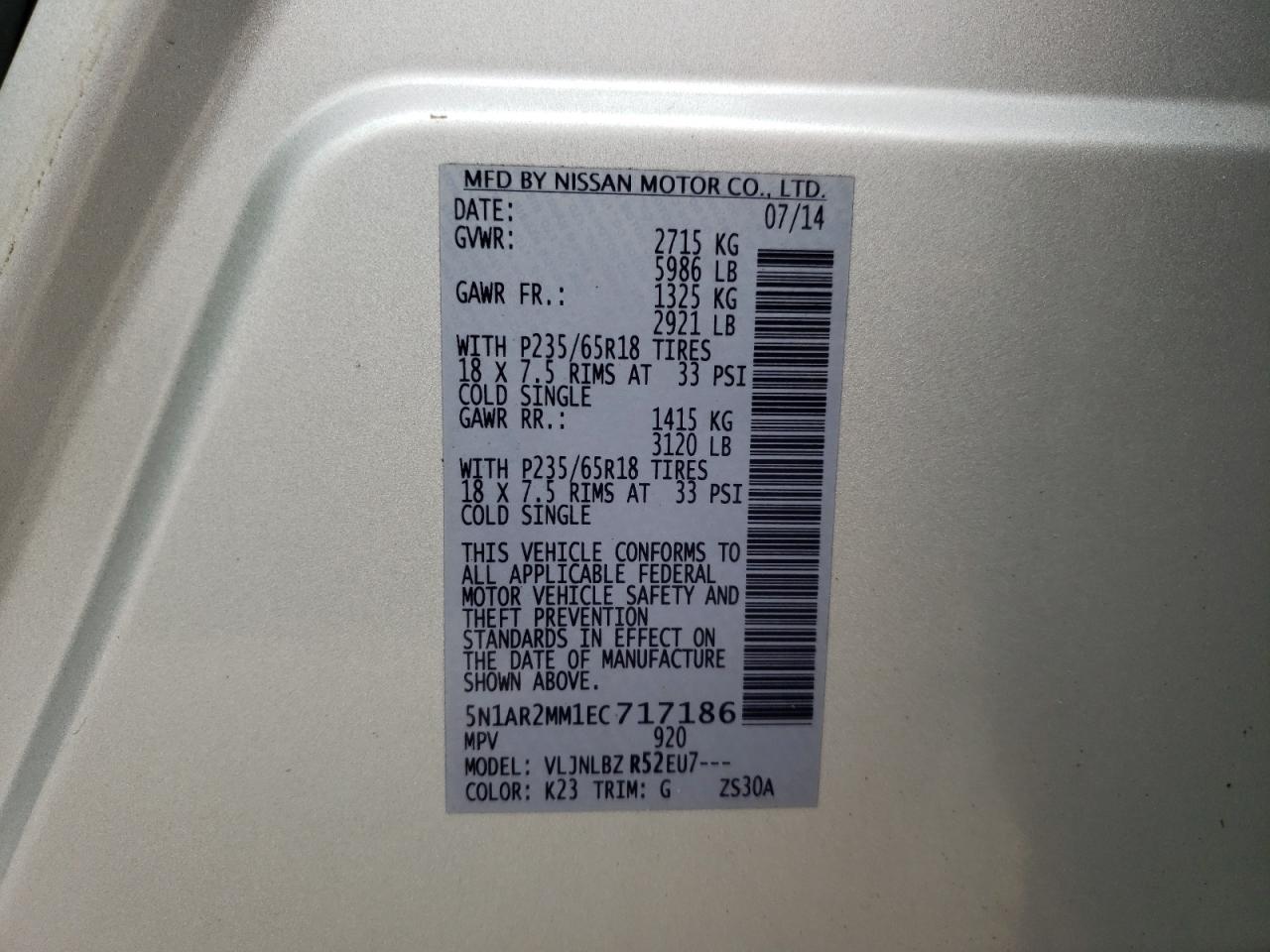 Photo 10 from auction – 2014 NISSAN PATHFINDER with VIN 5N1AR2MM1EC717186