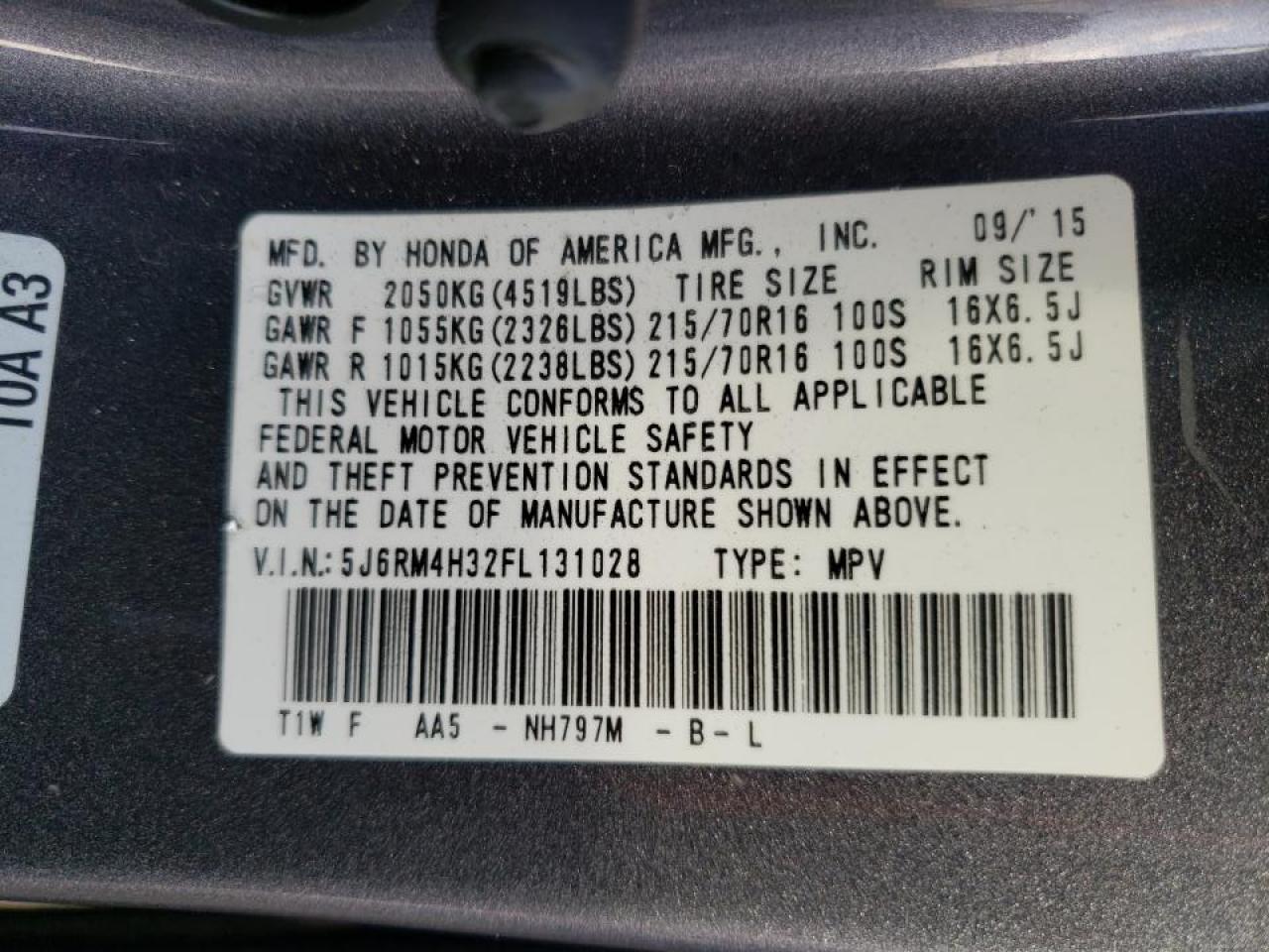Photo 10 from auction – 2015 HONDA CR-V LX with VIN 5J6RM4H32FL131028