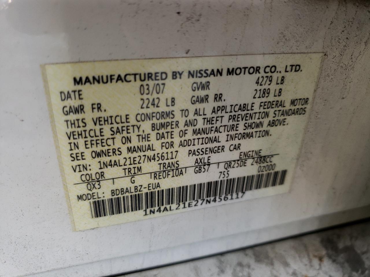 Photo 10 from auction – 2007 NISSAN ALTIMA with VIN 1N4AL21E27N456117