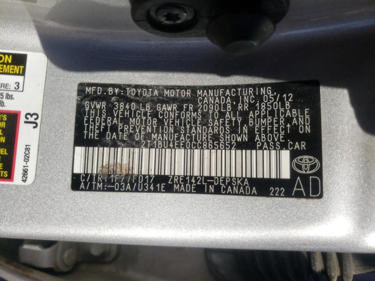 Photo 10 from auction – 2012 TOYOTA COROLLA BA with VIN 2T1BU4EE0CC865652