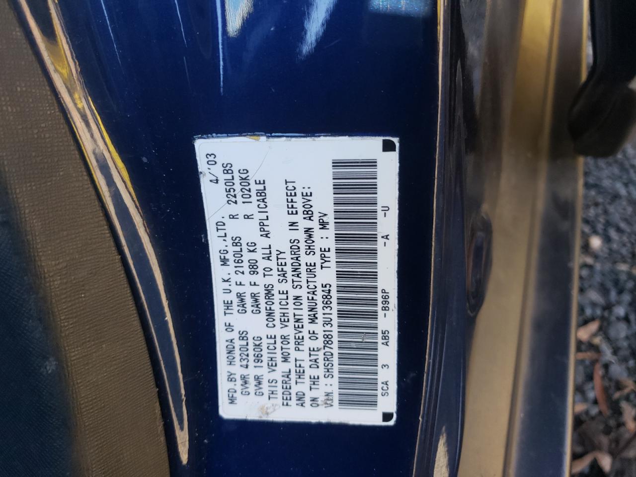 Photo 10 from auction – 2003 HONDA CR-V EX with VIN SHSRD78813U136845