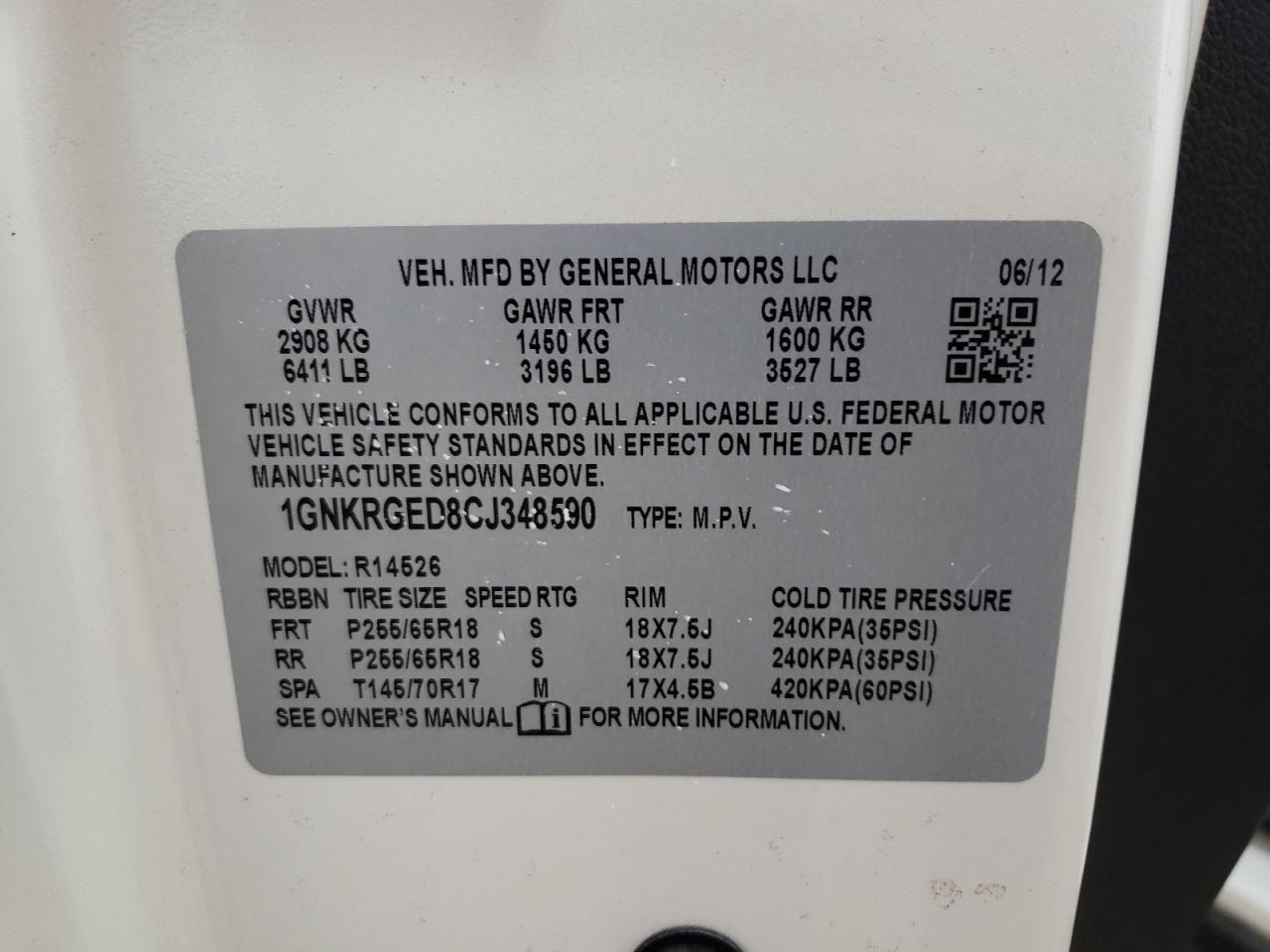 Photo 10 from auction – 2012 CHEVROLET TRAVERSE L with VIN 1GNKRGED8CJ348590