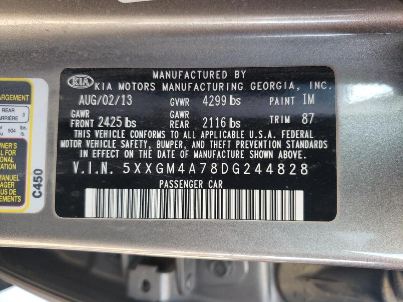 Photo 10 from auction – 2013 KIA OPTIMA LX with VIN 5XXGM4A78DG244828