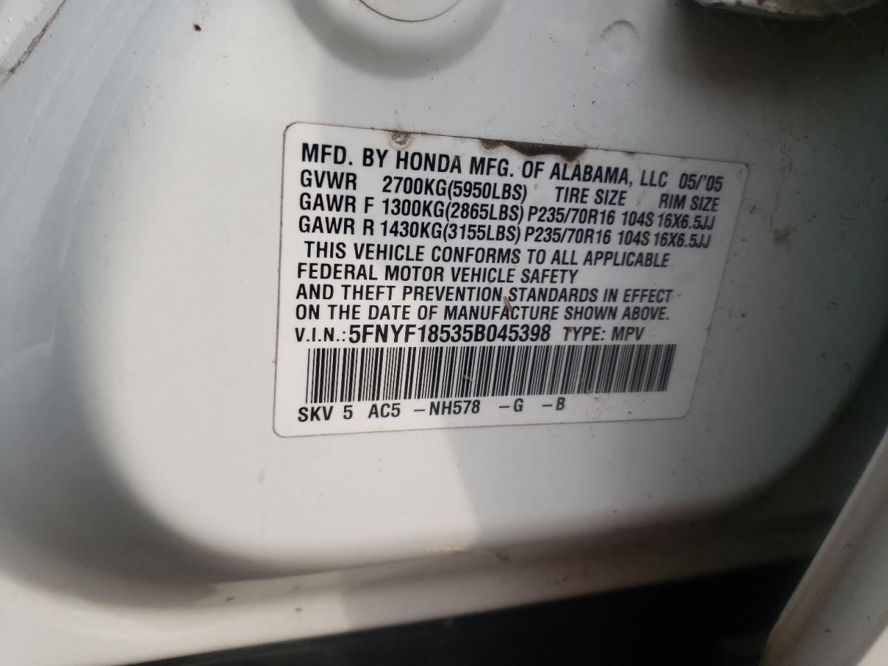 Photo 10 from auction – 2005 HONDA PILOT EXL with VIN 5FNYF18535B045398