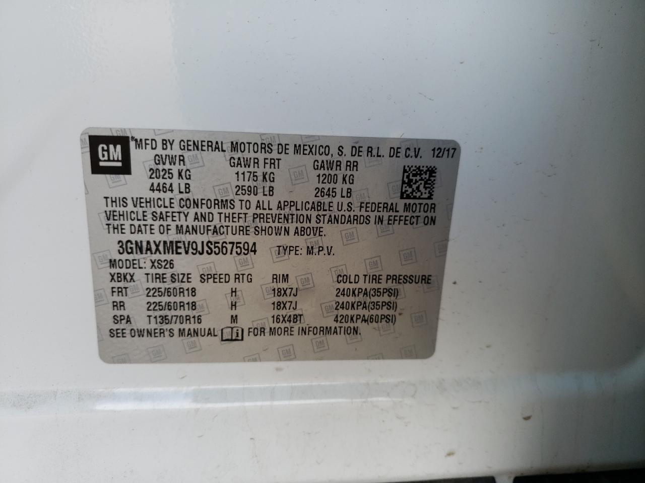 Photo 10 from auction – 2018 CHEVROLET EQUINOX PR with VIN 3GNAXMEV9JS567594