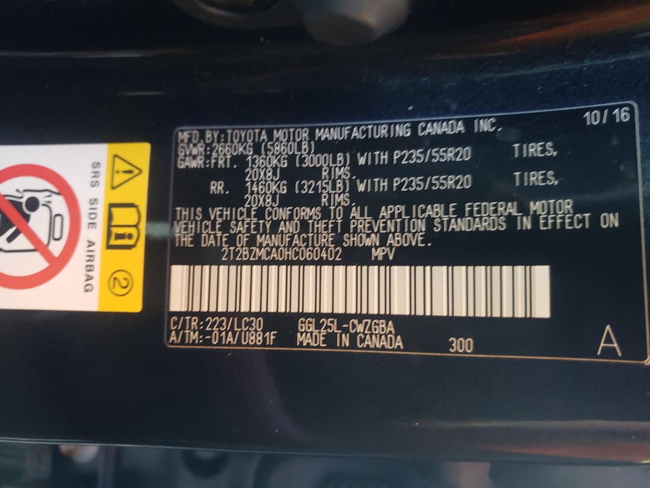 Photo 10 from auction – 2017 LEXUS RX 350 BAS with VIN 2T2BZMCA0HC060402