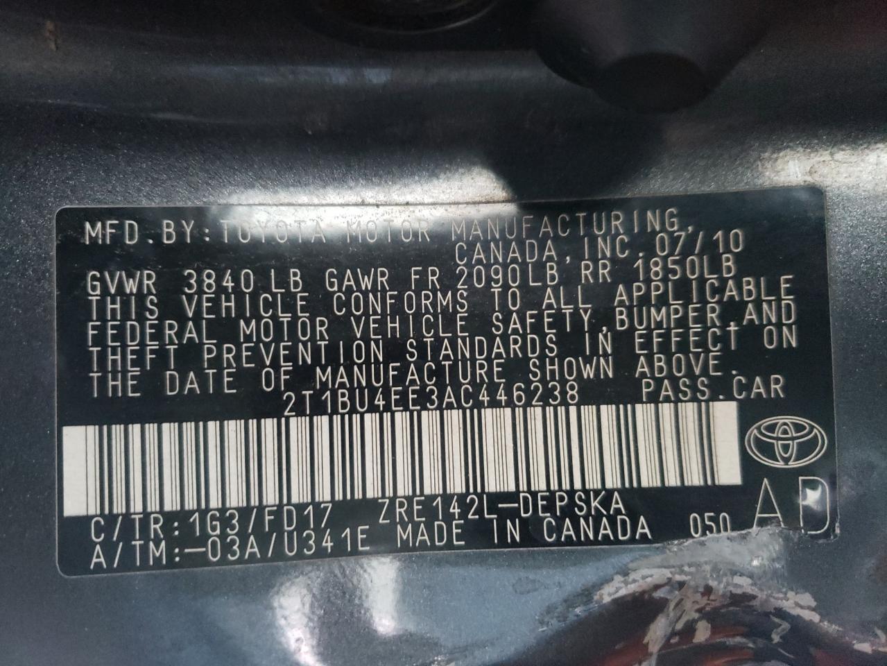 Photo 10 from auction – 2010 TOYOTA COROLLA BA with VIN 2T1BU4EE3AC446238