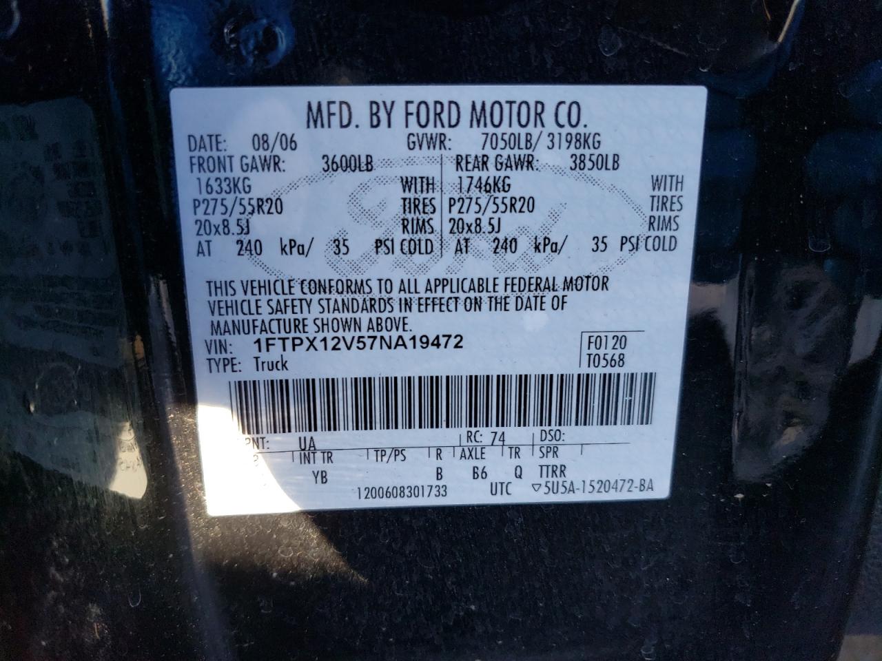 Photo 10 from auction – 2007 FORD F150 with VIN 1FTPX12V57NA19472