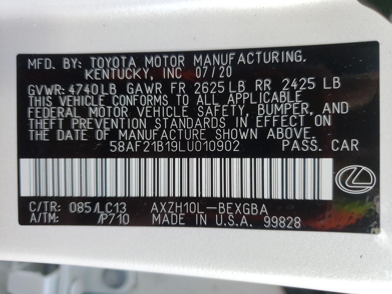 Photo 10 from auction – 2020 LEXUS ES 300H UL with VIN 58AF21B19LU010902