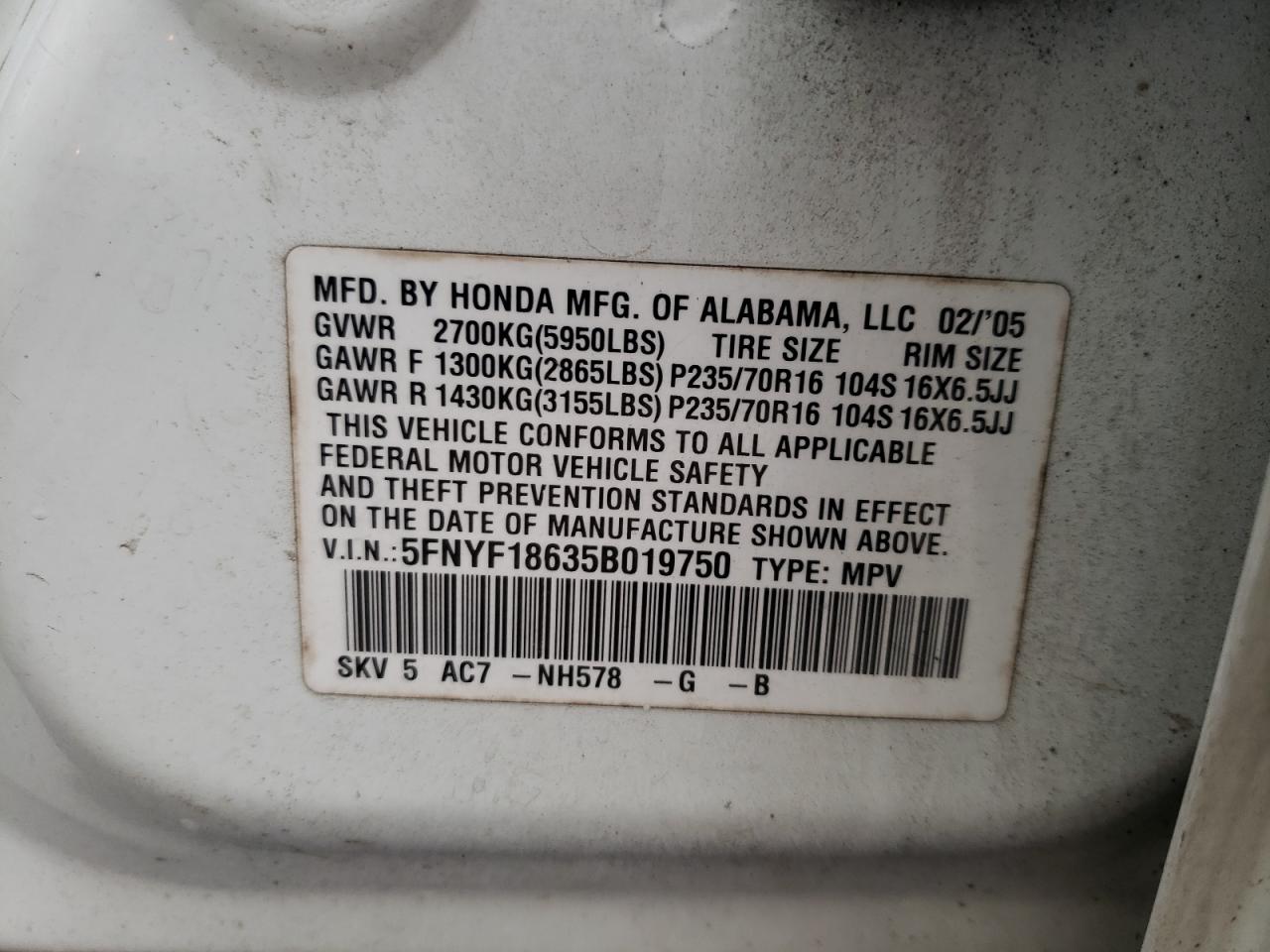 Photo 10 from auction – 2005 HONDA PILOT EXL with VIN 5FNYF18635B019750