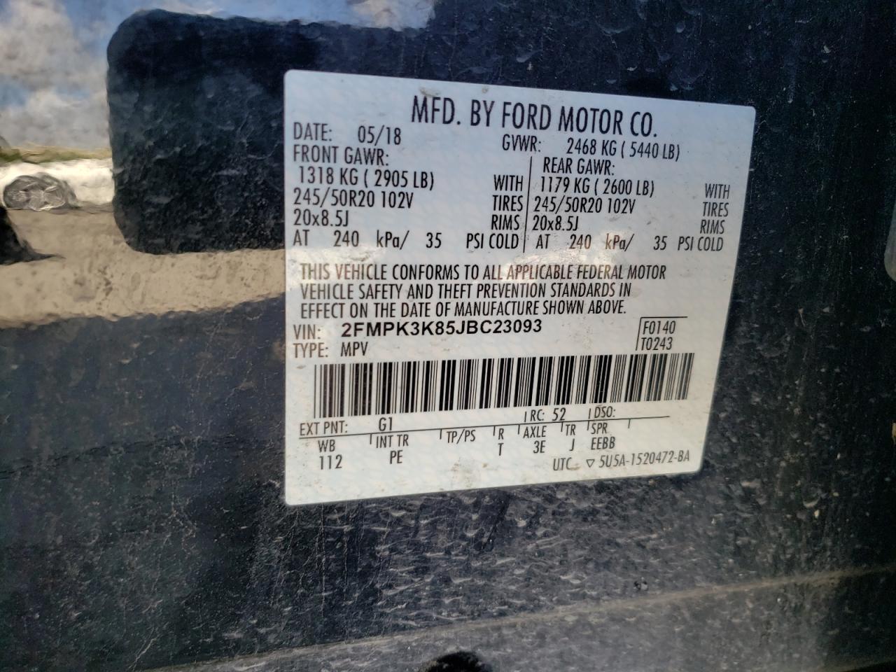 Photo 10 from auction – 2018 FORD EDGE TITAN with VIN 2FMPK3K85JBC23093