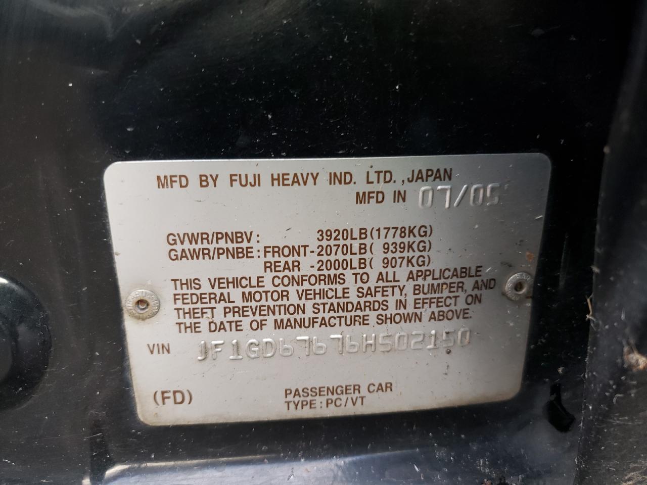 Photo 10 from auction – 2006 SUBARU IMPREZA 2. with VIN JF1GD67676H502150