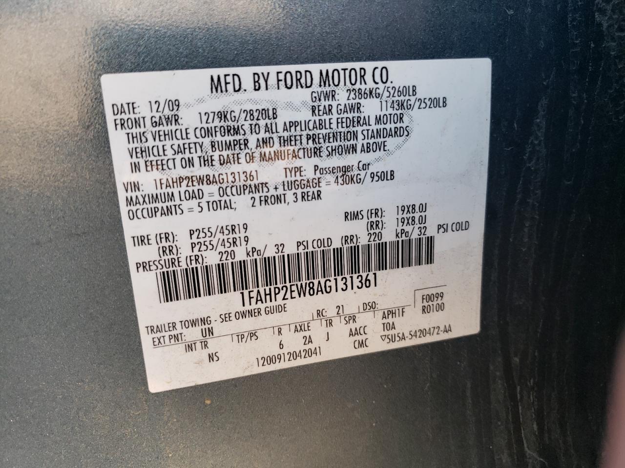 Photo 10 from auction – 2010 FORD TAURUS SEL with VIN 1FAHP2EW8AG131361