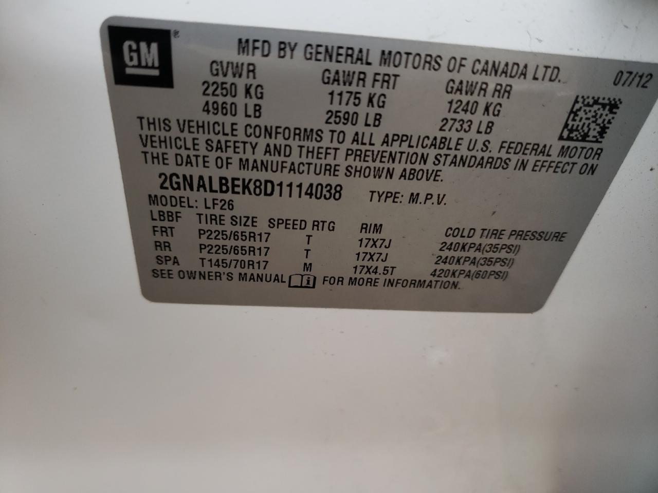 Photo 10 from auction – 2013 CHEVROLET EQUINOX LS with VIN 2GNALBEK8D1114038