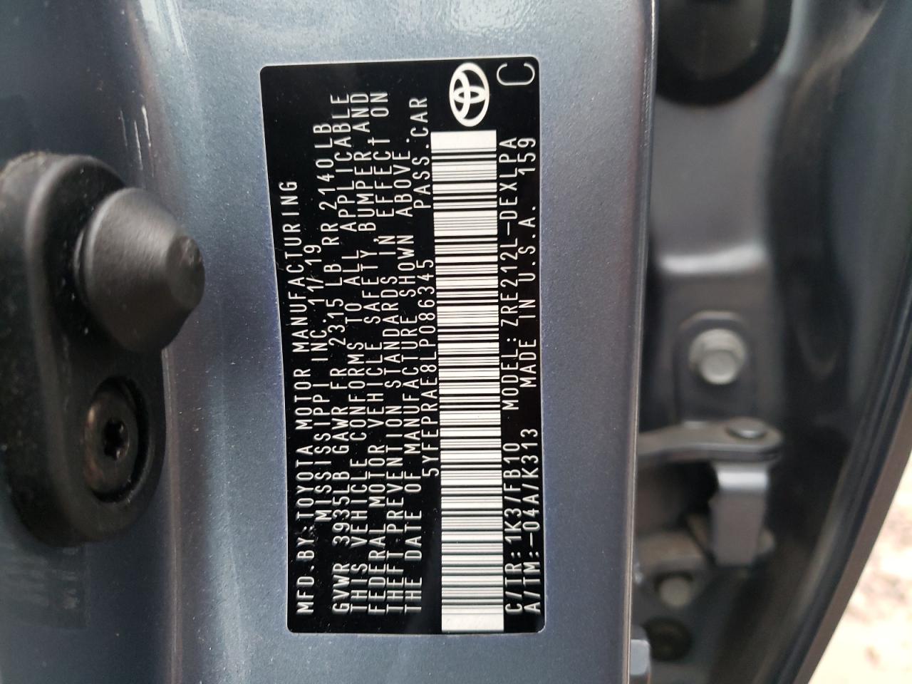 Photo 10 from auction – 2020 TOYOTA COROLLA with VIN 5YFEPRAE8LP086345