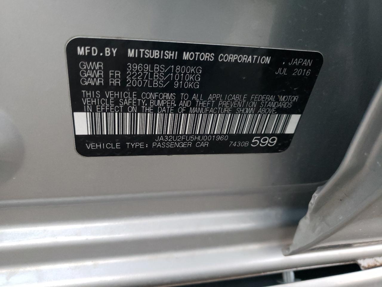Photo 10 from auction – 2017 MITSUBISHI LANCER ES with VIN JA32U2FU5HU001960