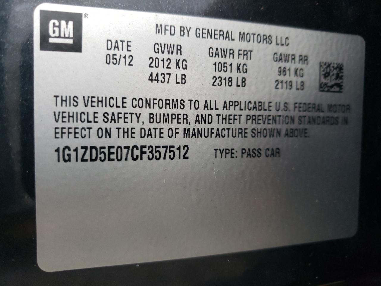 Photo 10 from auction – 2012 CHEVROLET MALIBU 2LT with VIN 1G1ZD5E07CF357512