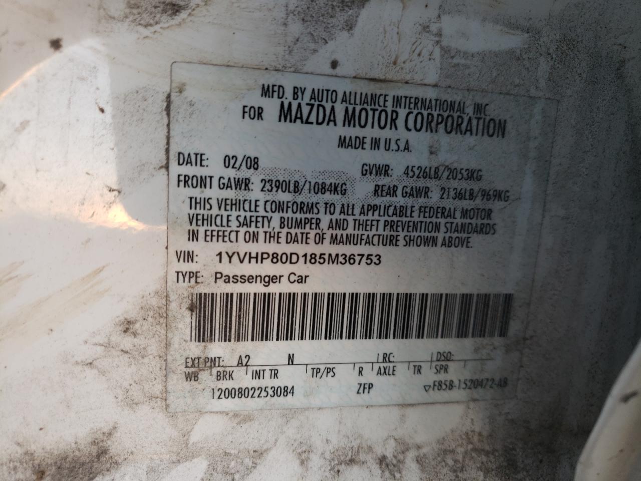 Photo 10 from auction – 2008 MAZDA 6 S with VIN 1YVHP80D185M36753