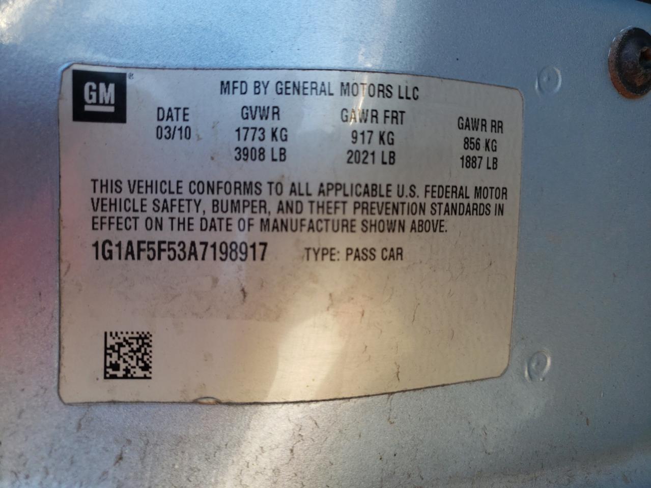 Photo 10 from auction – 2010 CHEVROLET COBALT 2LT with VIN 1G1AF5F53A7198917