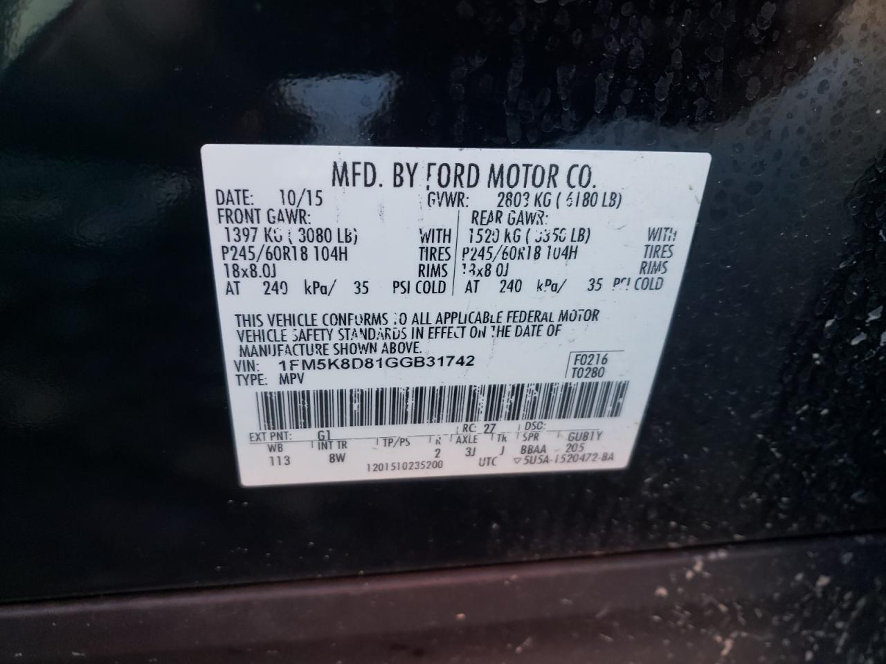 Photo 10 from auction – 2016 FORD EXPLORER X with VIN 1FM5K8D81GGB31742