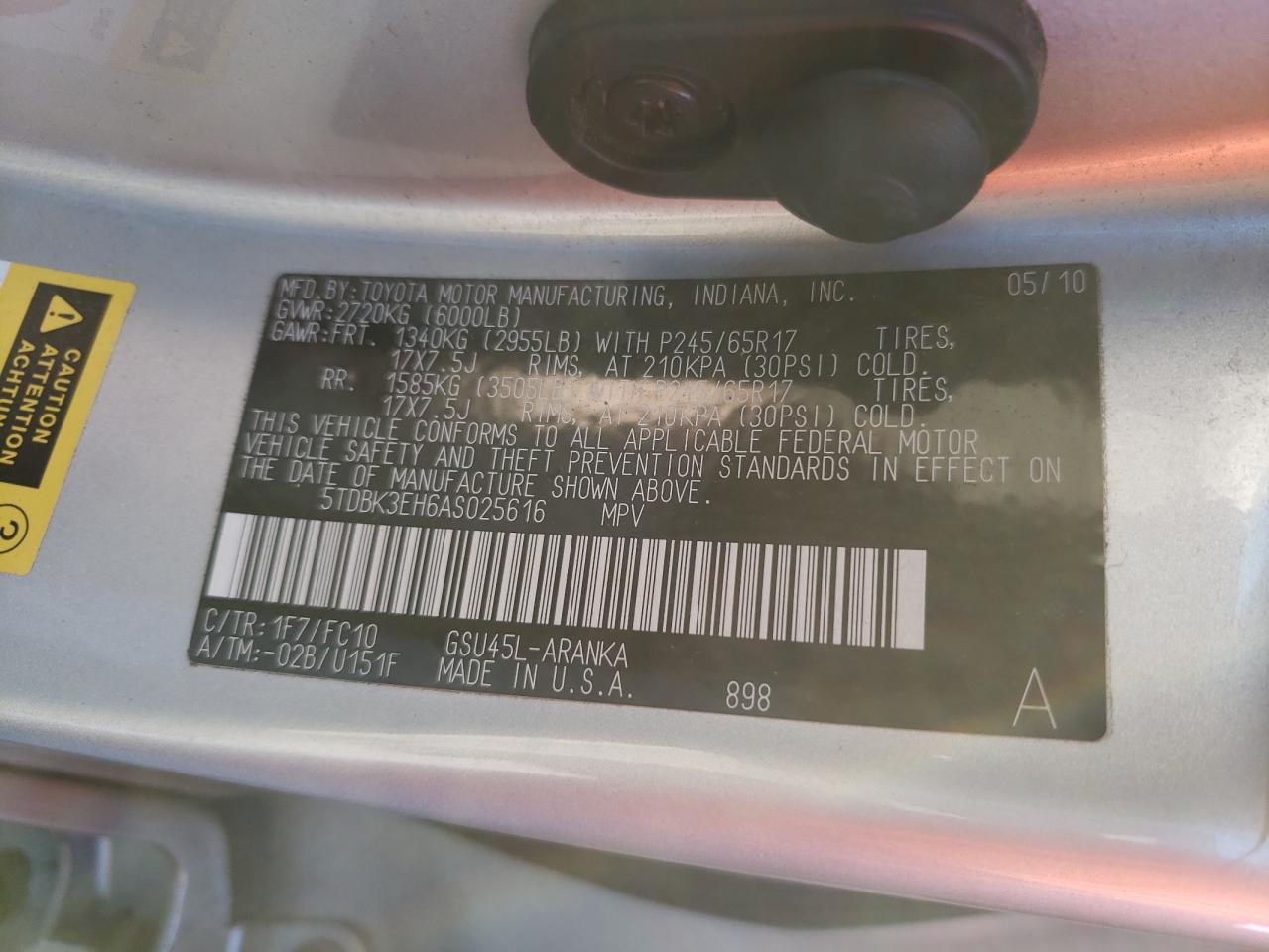 Photo 10 from auction – 2010 TOYOTA HIGHLANDER with VIN 5TDBK3EH6AS025616