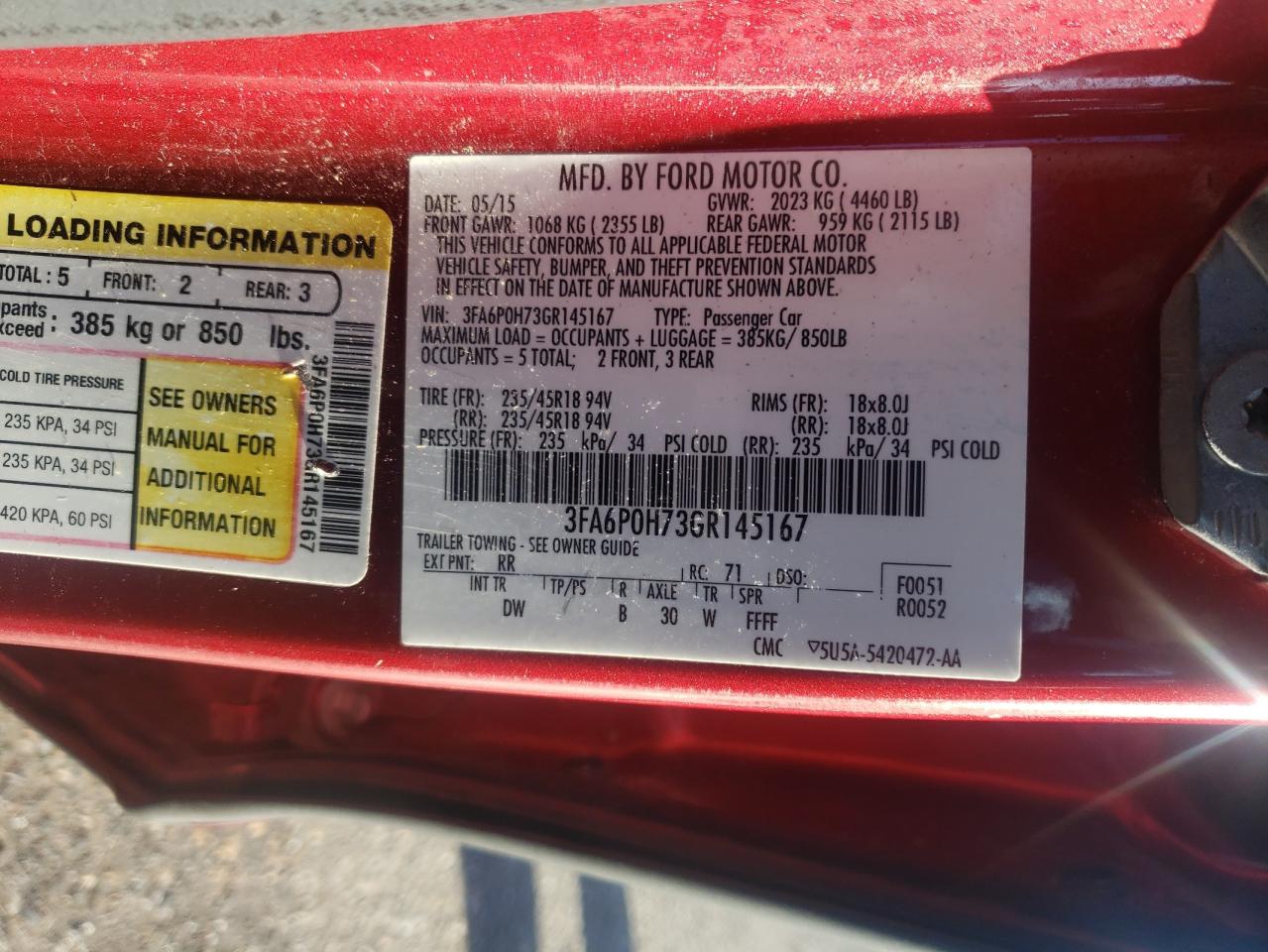 Photo 10 from auction – 2016 FORD FUSION SE with VIN 3FA6P0H73GR145167