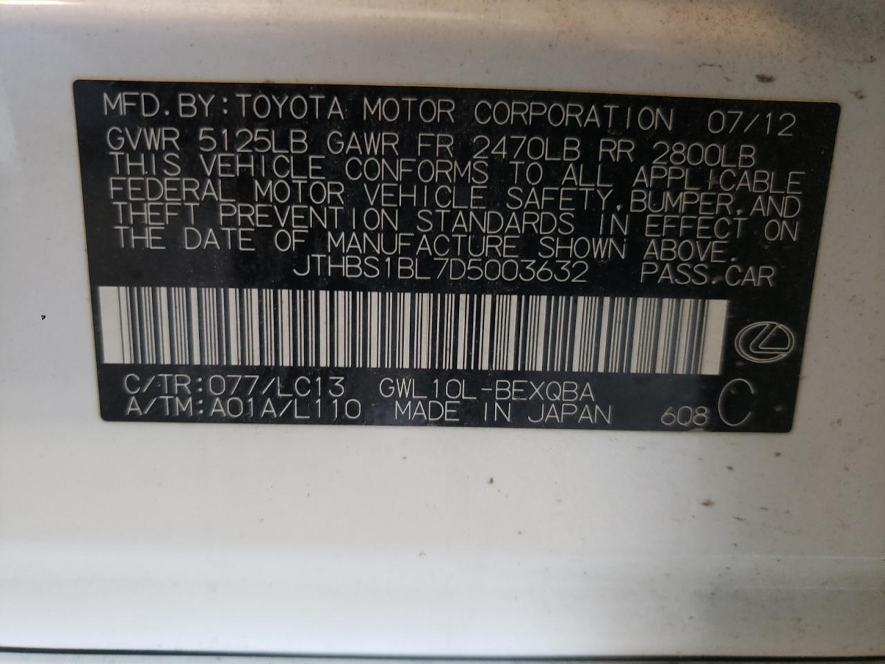 Photo 10 from auction – 2013 LEXUS CT with VIN JTHBS1BL7D5003632