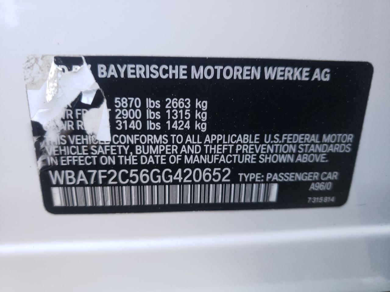 Photo 10 from auction – 2016 BMW 7 SERIES with VIN WBA7F2C56GG420652