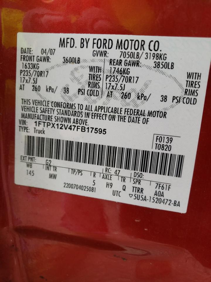 Photo 10 from auction – 2007 FORD F150 with VIN 1FTPX12V47FB17595