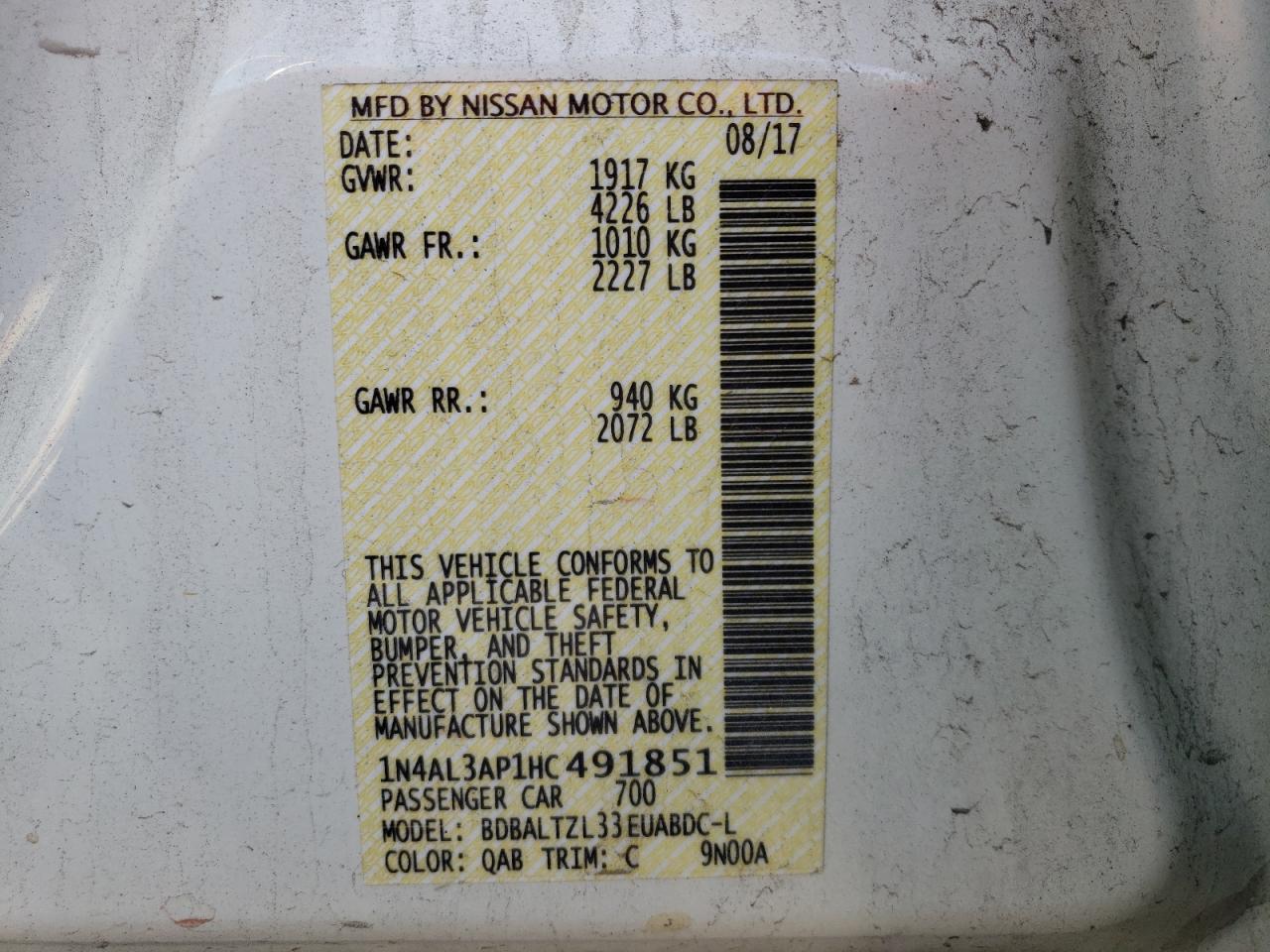Photo 10 from auction – 2017 NISSAN ALTIMA 2.5 with VIN 1N4AL3AP1HC491851