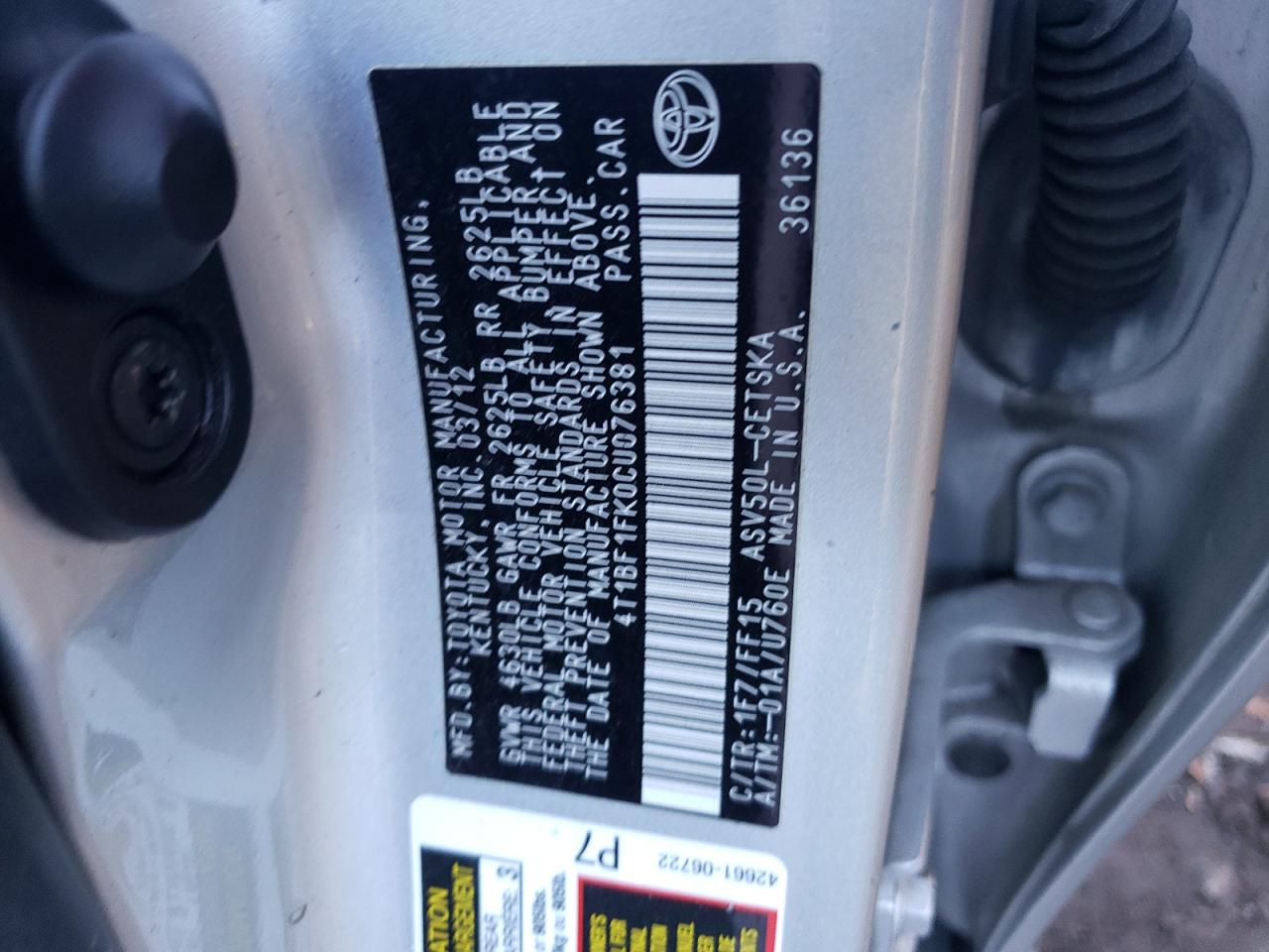 Photo 10 from auction – 2012 TOYOTA CAMRY BASE with VIN 4T1BF1FK0CU076381
