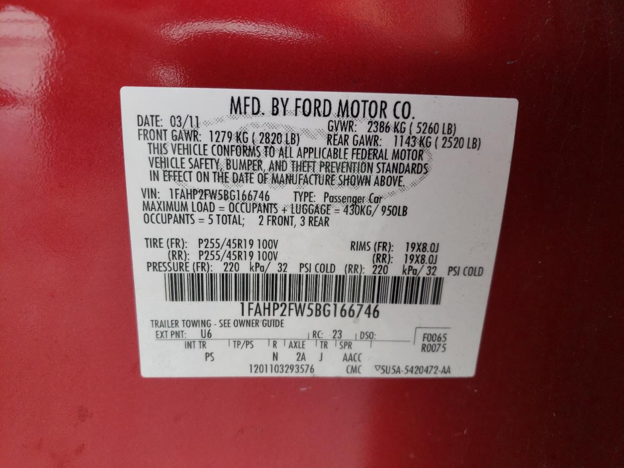 Photo 10 from auction – 2011 FORD TAURUS LIM with VIN 1FAHP2FW5BG166746