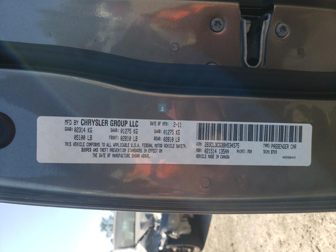 Photo 10 from auction – 2011 DODGE CHARGER with VIN 2B3CL3CG3BH534575