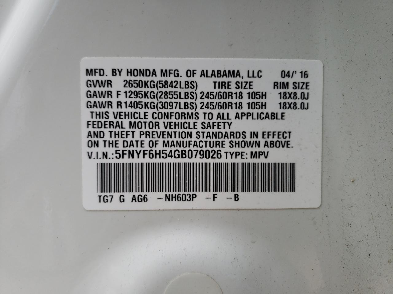 Photo 10 from auction – 2016 HONDA PILOT EXL with VIN 5FNYF6H54GB079026