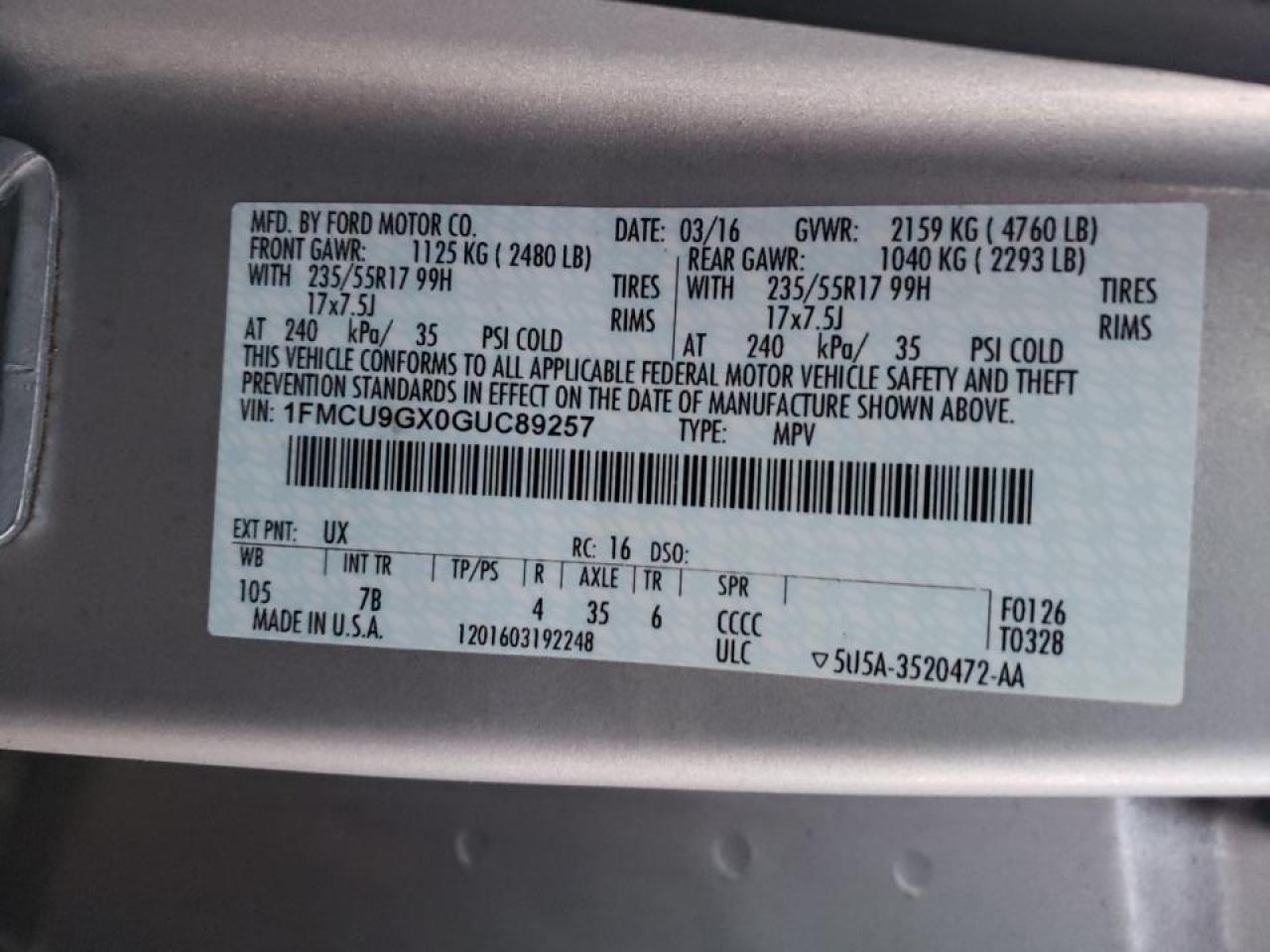 Photo 10 from auction – 2016 FORD ESCAPE SE with VIN 1FMCU9GX0GUC89257