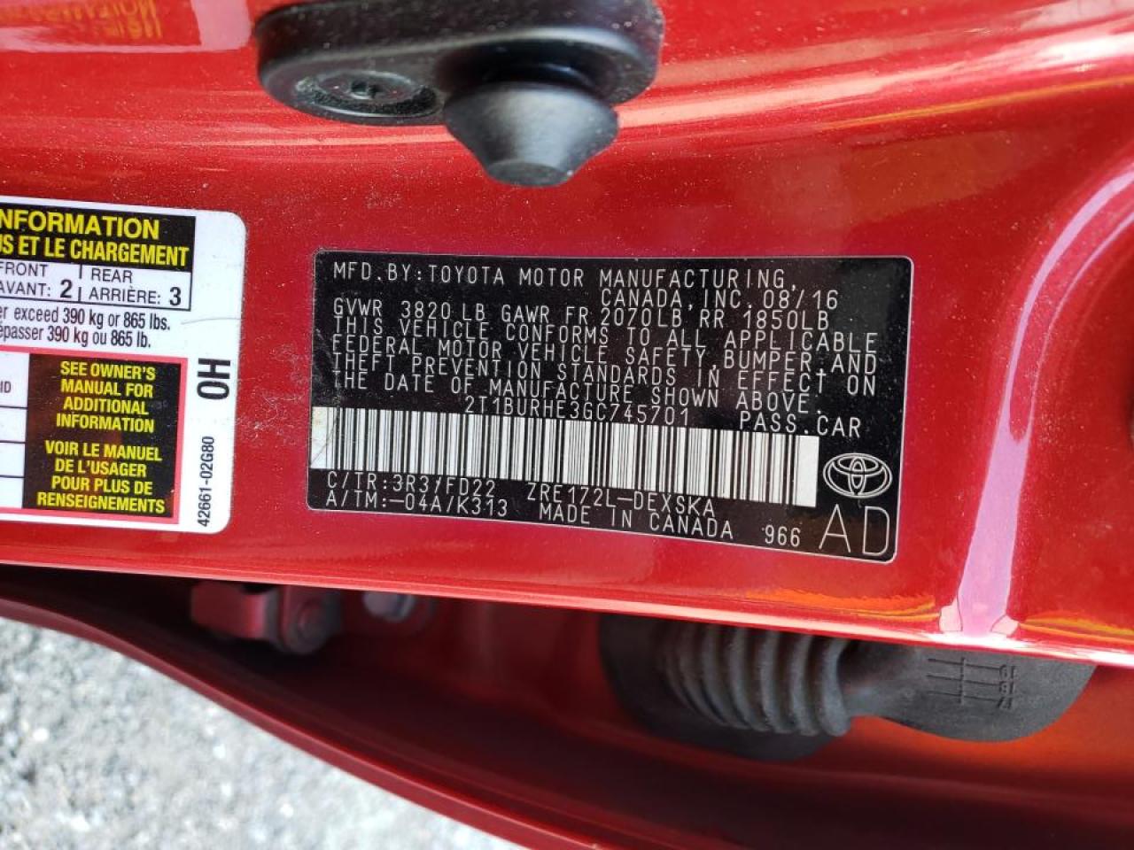 Photo 10 from auction – 2016 TOYOTA COROLLA L with VIN 2T1BURHE3GC745701