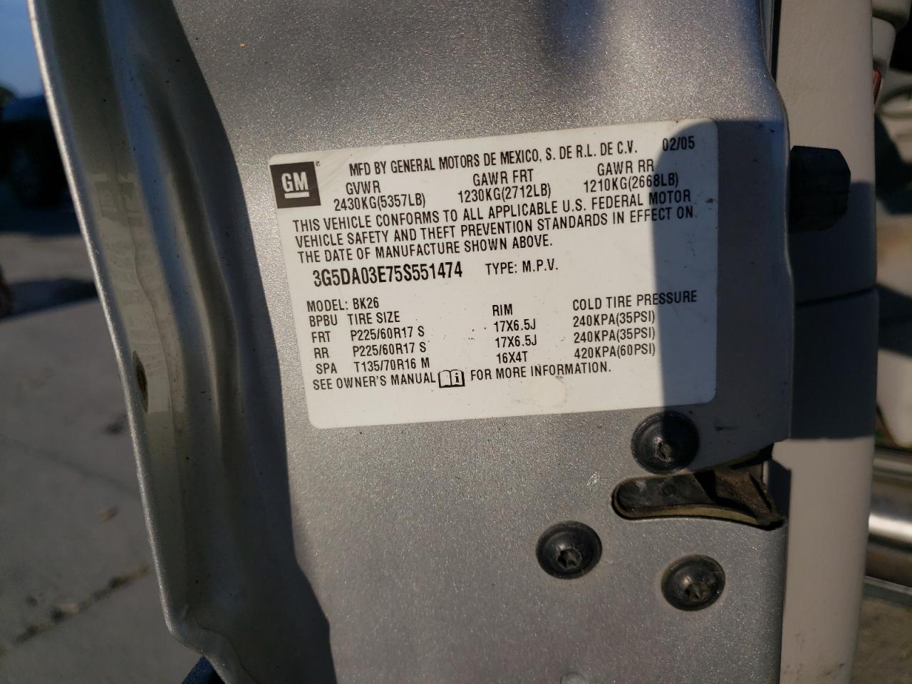 Photo 10 from auction – 2005 BUICK RENDEZVOUS with VIN 3G5DA03E75S551474