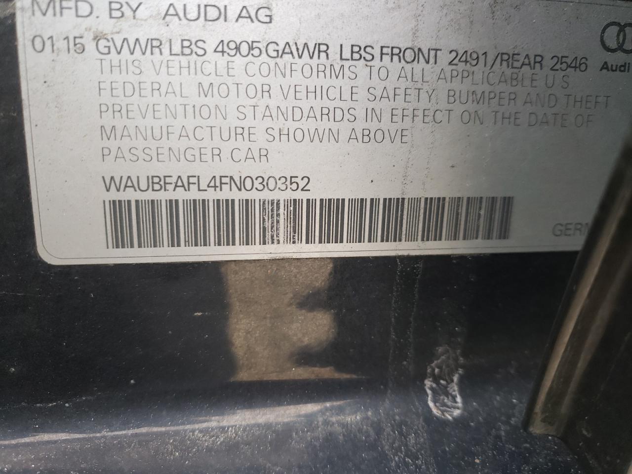 Photo 10 from auction – 2015 AUDI A4 PREMIUM with VIN WAUBFAFL4FN030352
