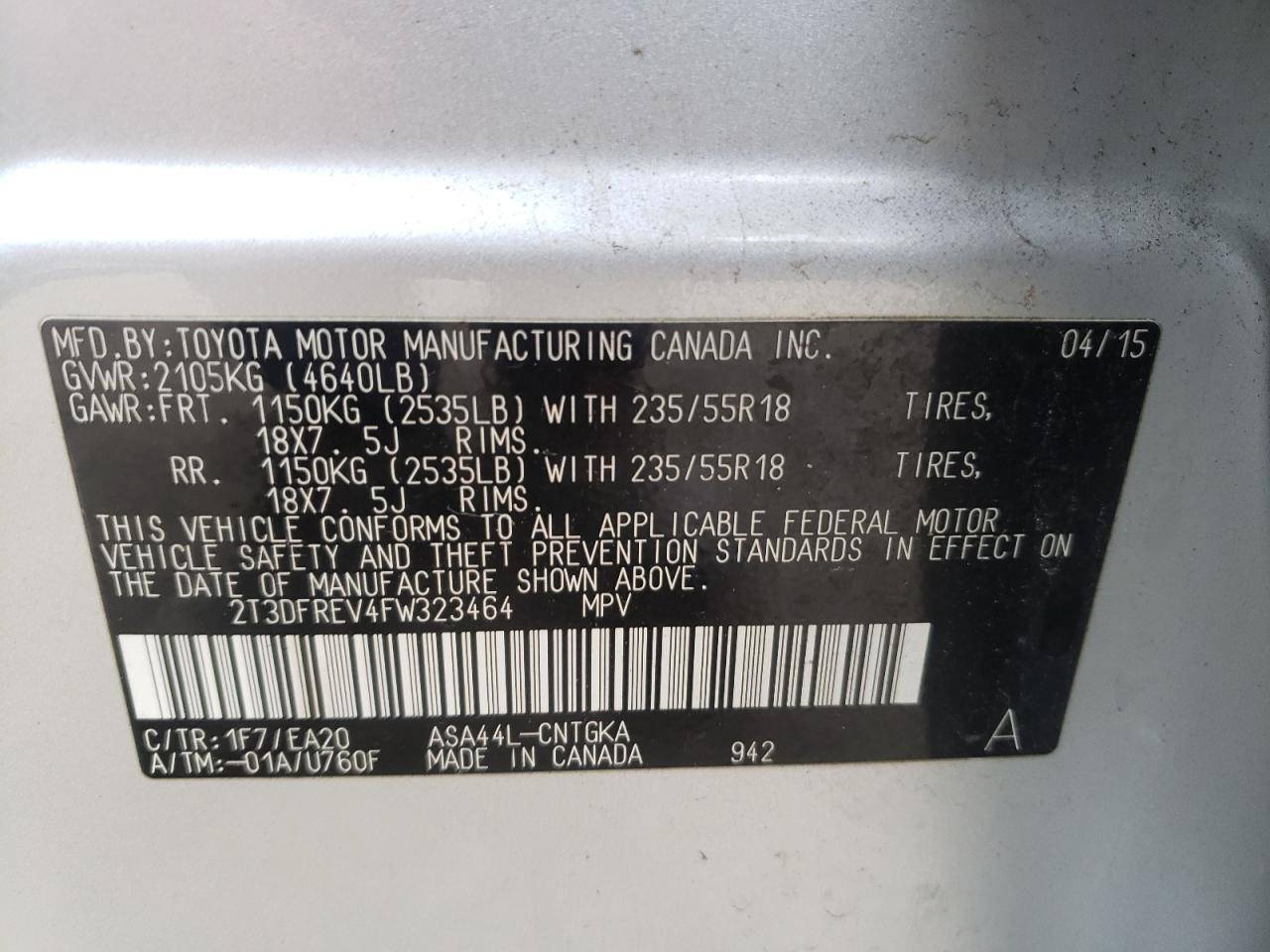 Photo 10 from auction – 2015 TOYOTA RAV4 LIMIT with VIN 2T3DFREV4FW323464
