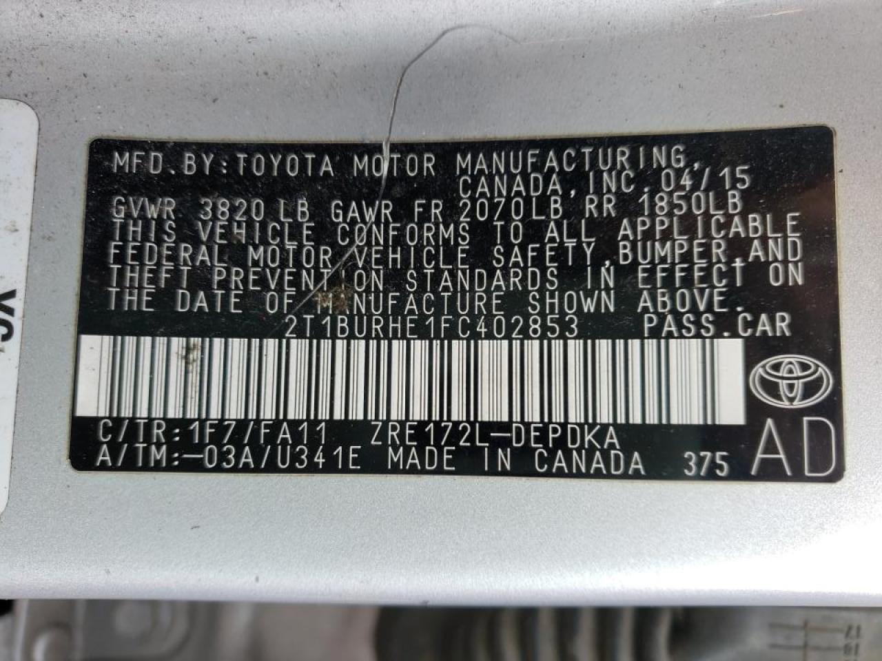 Photo 10 from auction – 2015 TOYOTA COROLLA L with VIN 2T1BURHE1FC402853