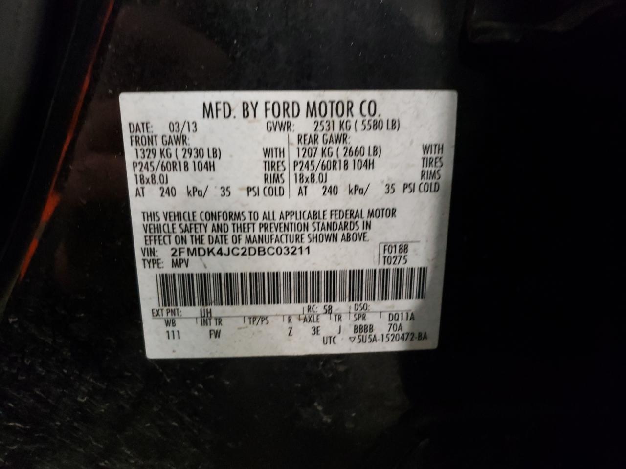 Photo 10 from auction – 2013 FORD EDGE SEL with VIN 2FMDK4JC2DBC03211
