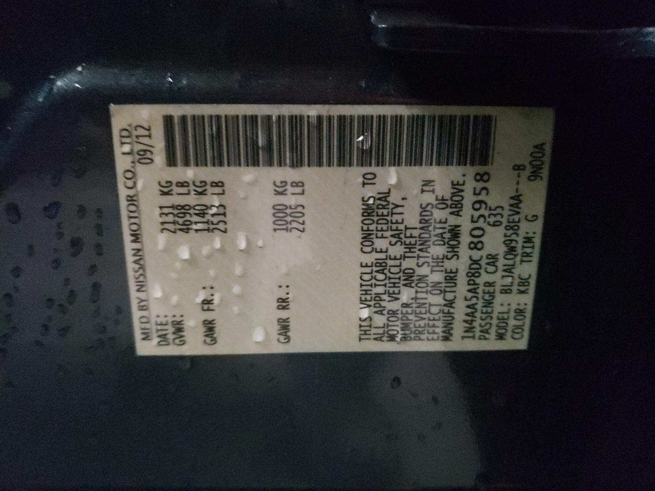 Photo 10 from auction – 2013 NISSAN MAXIMA S with VIN 1N4AA5AP8DC805958