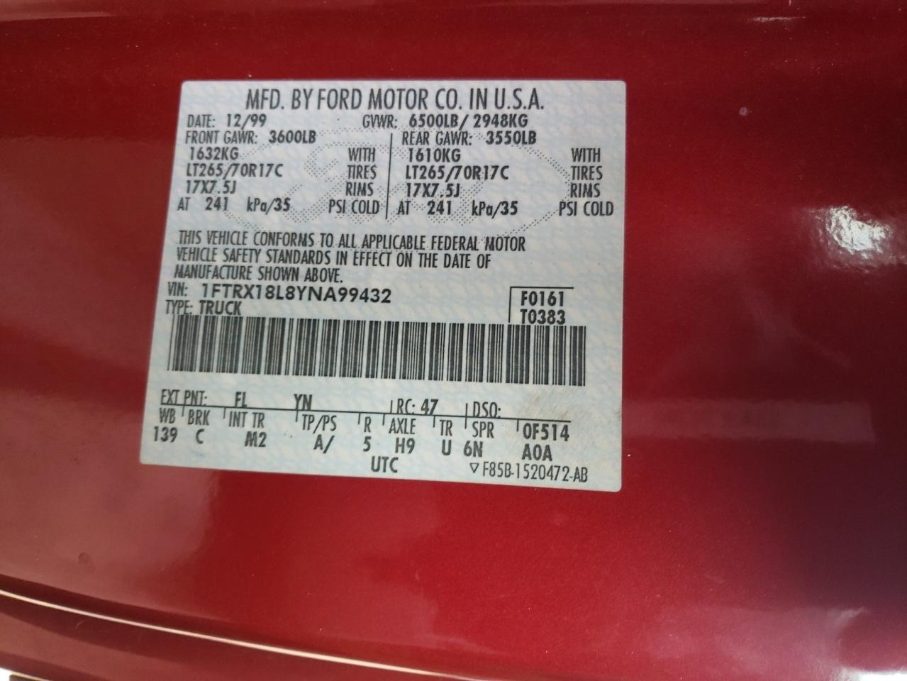Фото 10 с аукциона – 2000 FORD F150 с VIN 1FTRX18L8YNA99432